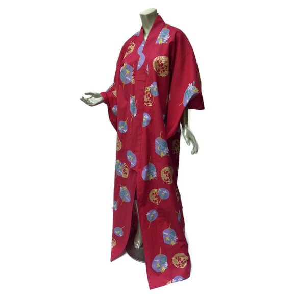 New Japanese Cotton Yukata Red Fanciful Moon Print Crisp Kimono - ONE SIZE - Picture 4 of 7